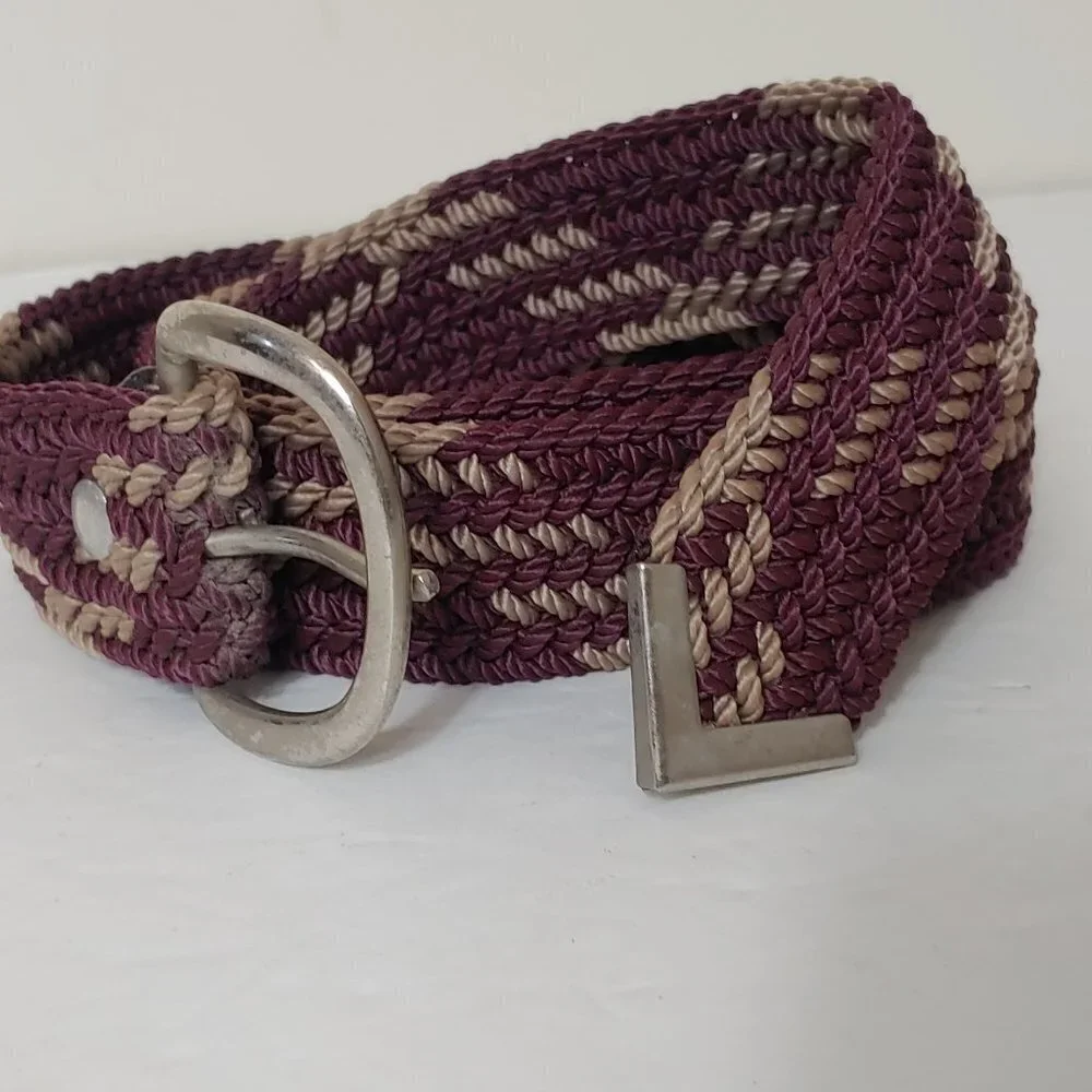 Retro Vintage Weave Rope‎ Burgundy Belt Silver Tone